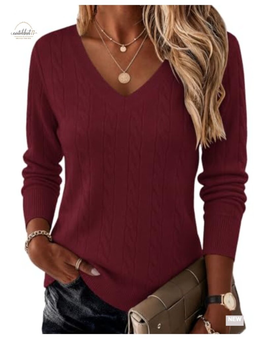 Cable Knit V Neck Long Sleeve Pullover Sweater Fall Winter Top